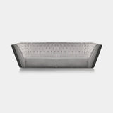 Coleccion Alexandra Bowie Deep-Buttoned Sofa in Lisboa Piedra fabric with a plain leather back