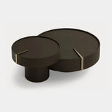 Dolmen Aura Coffee Table set in black oak with hand-carved scalloped edges and brushed brass, second view
