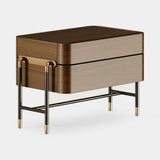Mezzo Collection Bennett Nightstand, matte walnut, black lacquered metal, polished brass, available from Touched Interiors UK