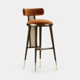 Mezzo Collection Blakey Bar Chair, Alhambra Jimena 08 fabric, matte walnut frame, rattan, polished brass, available from Touched Interiors UK