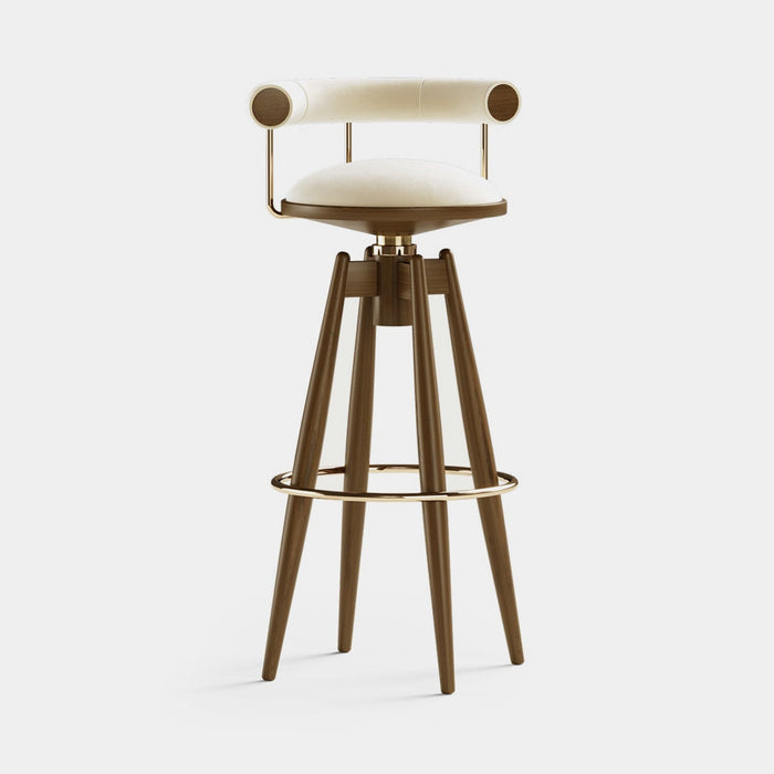 Mezzo Collection Dylan Bar Chair, Alhambra Jimena 17 fabric, matte walnut frame, polished brass, available from Touched Interiors UK