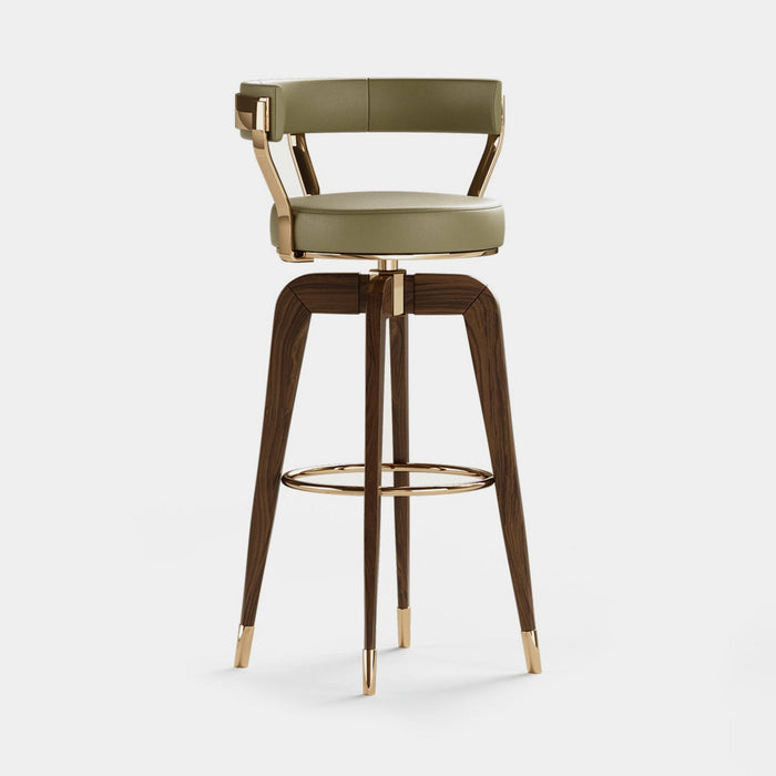 Mezzo Collection Gilmore Bar Chair, Pele Milano 92768 leather, matte walnut frame, polished brass, available from Touched Interiors UK