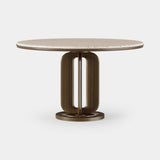 Mezzo Collection Girard Dining Table, Travertino marble top, matte walnut base and brushed brass, available from Touched Interiors UK