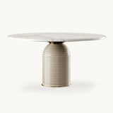 Mezzo Collection Gordon Dining Table, glossy lacquered wood base, Carrara marble top, polished brass, available from Touched Interiors UK