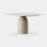 Mezzo Collection Gordon Dining Table, glossy lacquered wood base, Carrara marble top, polished brass, available from Touched Interiors UK