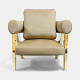 Boca do Lobo Ethereal Armchair in neutral upholstery with polished brass legs, available from Touched Interiors UK