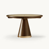 Mezzo Collection Holiday Dining Table, matte walnut, polished brass, rattan and glass, available from Touched Interiors UK