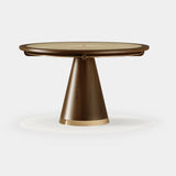 Mezzo Collection Holiday Dining Table, matte walnut, polished brass, rattan and glass, available from Touched Interiors UK