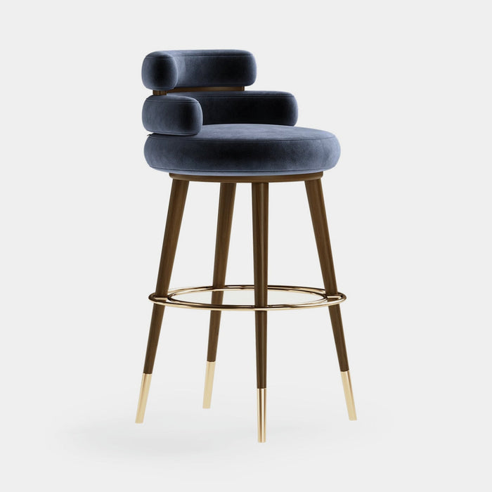 Mezzo Collection Jens Bar Chair, Alhambra Jimena 04 fabric, matte walnut frame, polished brass, available from Touched Interiors UK