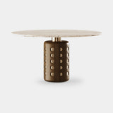 Mezzo Collection Marlon Dining Table, Travertino marble top, matte walnut and gold plated brass, available from Touched Interiors UK