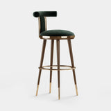 Mezzo Collection Moris Bar Chair, Alhambra Jimena 53 fabric, matte walnut frame, polished brass, available from Touched Interiors UK