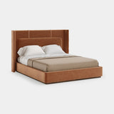 Mezzo Collection Perry Bed, Alhambra Jimena 08 fabric, synthetic leather details, matte walnut frame, available from Touched Interiors UK