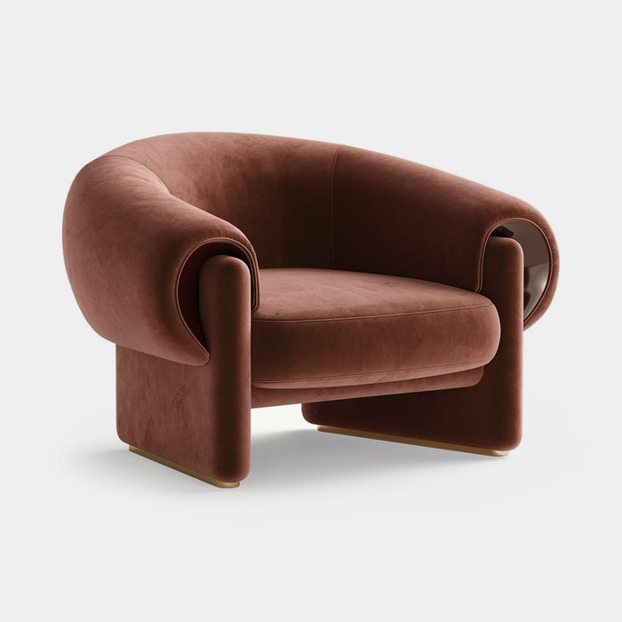 Mezzo Collection Shelbourne Armchair, Alhambra Jimena 02 fabric, lacquered wood, polished brass, available from Touched Interiors UK