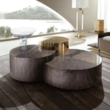 Giorgio Collection Infinity Triple Coffee Table in high gloss makore mahogany veneer and light gold chrome, room setting 2