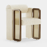 Mezzo Collection Walter Dining Chair, Nobilis Frimas Sheltter 10778-03 fabric, matte walnut frame, rattan, polished brass, available from Touched Interiors UK