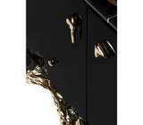 Modern designer sideboard with ample storage space. The Angra Sideboard by Boca do Lobo features four doors with drawers, a black lacquer finish, and a stunning brass base.