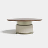 Ashford Round Leather Base Luxury Dining Table: matt walnut top on a channelled ivory genuine leather base (Cat B) with a metal ring