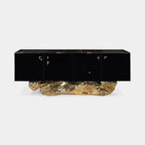 Boca do Lobo Angra Sideboard in high gloss black lacquer with a hammered brass base, available from Touched Interiors UK