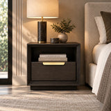 Berkeley Designs Aspen Bedside Table, coffee oak veneer with brushed brass handle, room setting