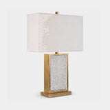 Berkeley Designs Belem Table Lamp, rippled clear glass and brushed brass with white shade, angled view