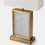 Berkeley Designs Belem Table Lamp, rippled clear glass and brushed brass with white shade, detail