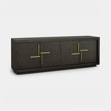 Berkeley Designs Bristol Media Unit, dark brown oak veneer with gold-finish handles, angled view
