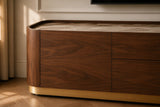 Berkeley Designs Brooklyn Media Unit, dark walnut veneer with ceramic top, room setting
