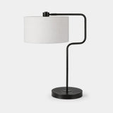 Berkeley Designs Dubrovnik Table Lamp, matte black metal with white shade, angled view