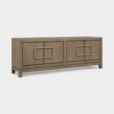 Berkeley Designs Lucca Media Unit, grey taupe oak veneer with brass handles, angled view