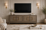 Berkeley Designs Lucca Media Unit, grey taupe oak veneer with brass handles, room setting