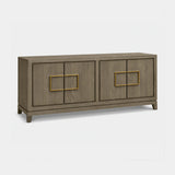 Berkeley Designs Lucca Sideboard, grey taupe oak with brass handles, angled view
