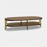 Berkeley Designs Malibu Coffee Table, natural walnut veneer with brushed brass, angled view