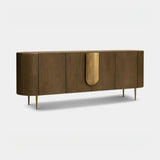 Berkeley Designs Napa Sideboard, textured caramel oak veneer with bronze handle and legs, angled view