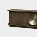 Berkeley Designs Perth Media Unit, textured light brown oak veneer with brushed brass disc handle, detail