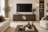 Berkeley Designs Perth Media Unit, textured light brown oak veneer with brushed brass disc handle, room setting