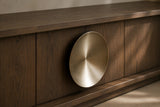 Berkeley Designs Perth Media Unit, textured light brown oak veneer with brushed brass disc handle, room setting