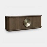 Berkeley Designs Perth Sideboard, textured light brown oak veneer with oversized brass disc, angled view