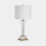Berkeley Designs Positano Table Lamp, clear crystal and brass with white shade, angled view