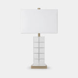 Berkeley Designs Prague Table Lamp, clear crystal and brushed brass with white shade