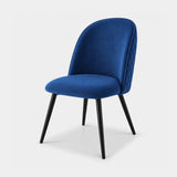 Berkeley Designs Soho Dining Chair, Set of 2, blue upholstery with black metal legs, angled view