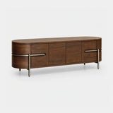 Berkeley Designs Vienna Media Unit, textured walnut veneer with wrap-around brushed brass detail, angled view