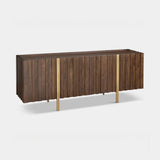 Berkeley Designs Winchester Sideboard, walnut finish with brass handles and supports, angled view