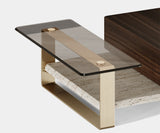 Deconstructed Design: The Deconstruct Center Table by Outline - Embrace the unconventional with the Deconstruct Center Table. This captivating table by Outline features a unique eucalyptus veneer top with a smoked glass overlay, all supported by a brushed brass base. A bold statement piece that embodies the principles of deconstructed design and elevates your modern living space.