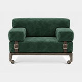 Brindisi Buckled Strap Luxury Armchair in emerald nubuck leather with brown burnished brass