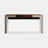 Calloway Hidden Mirror Luxury Console Table: matt dark wood veneer with taupe genuine leather sides (Cat B)