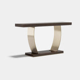Carlisle Slim Metal Base Luxury Console Table: matt dark wood top and plinth with a polished metal base