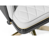 Sophisticated Charla chair for professional home offices, featuring black lacquer and brass finishes.