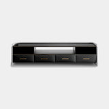 Luxxu Charla TV Cabinet in polished brass, black matte lacquer, black glass and Chronus Dark Black synthetic leather