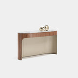 Clarence Leather Lined Luxury Console Table: matt walnut veneer with a Bianco Carrara marble top and taupe leather lining