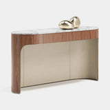 Clarence Leather Lined Luxury Console Table: matt walnut veneer with a Bianco Carrara marble top and taupe leather lining